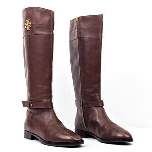 Tory Burch Brown Leather Tall Riding Boots with Gold Logo